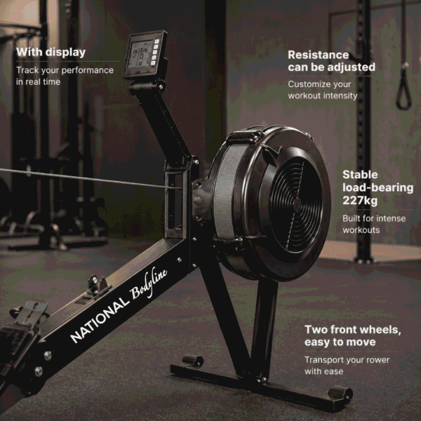 National Bodyline Air Rower Machine for Home Gym | Air Resistance Rowing Machine with Foldable Design, Chain Drive & LCD Monitor | 200kg Weight Capacity