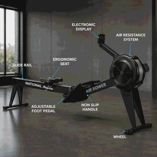 National Bodyline Air Rower Machine for Home Gym | Air Resistance Rowing Machine with Foldable Design, Chain Drive & LCD Monitor | 200kg Weight Capacity