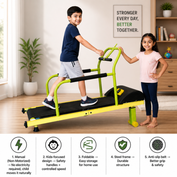 National Bodyline Kids Manual Treadmill for Home, Foldable Non-Motorized Walking Machine for Children with Safety Handle & Anti-Slip Belt